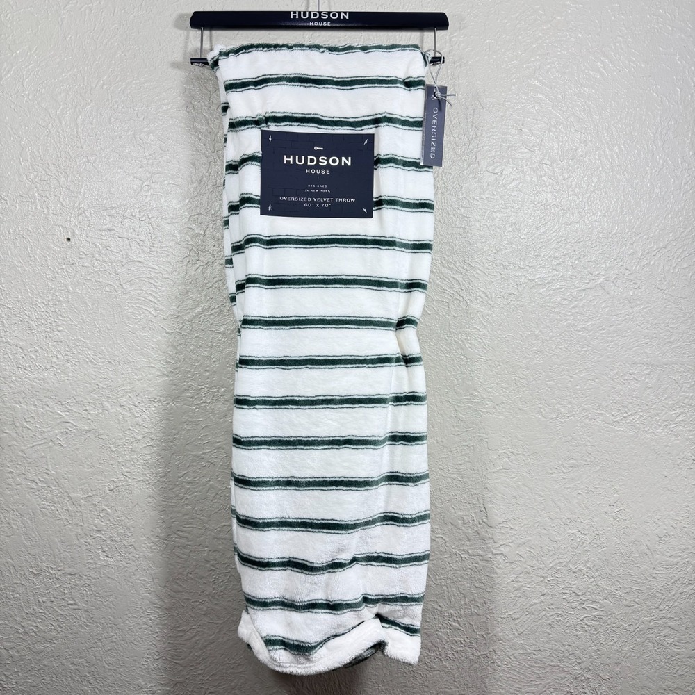 Hudson House Throw Blanket 60x70 Oversized‎ Velvet Plush Green White Stripe New